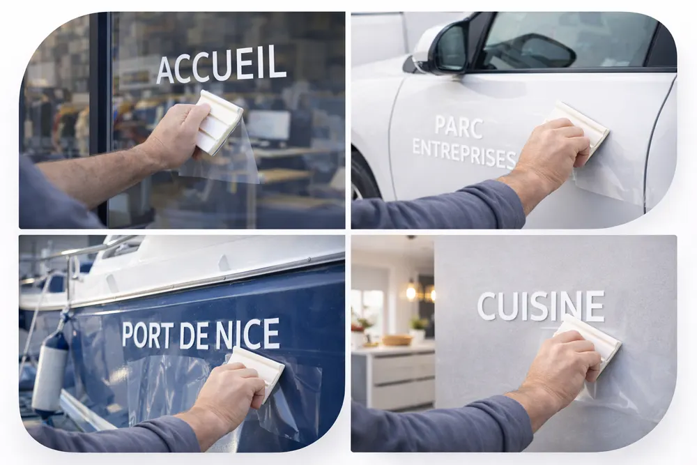 Lettrage adhésif personnalisé sans fond pour vitrine, véhicule