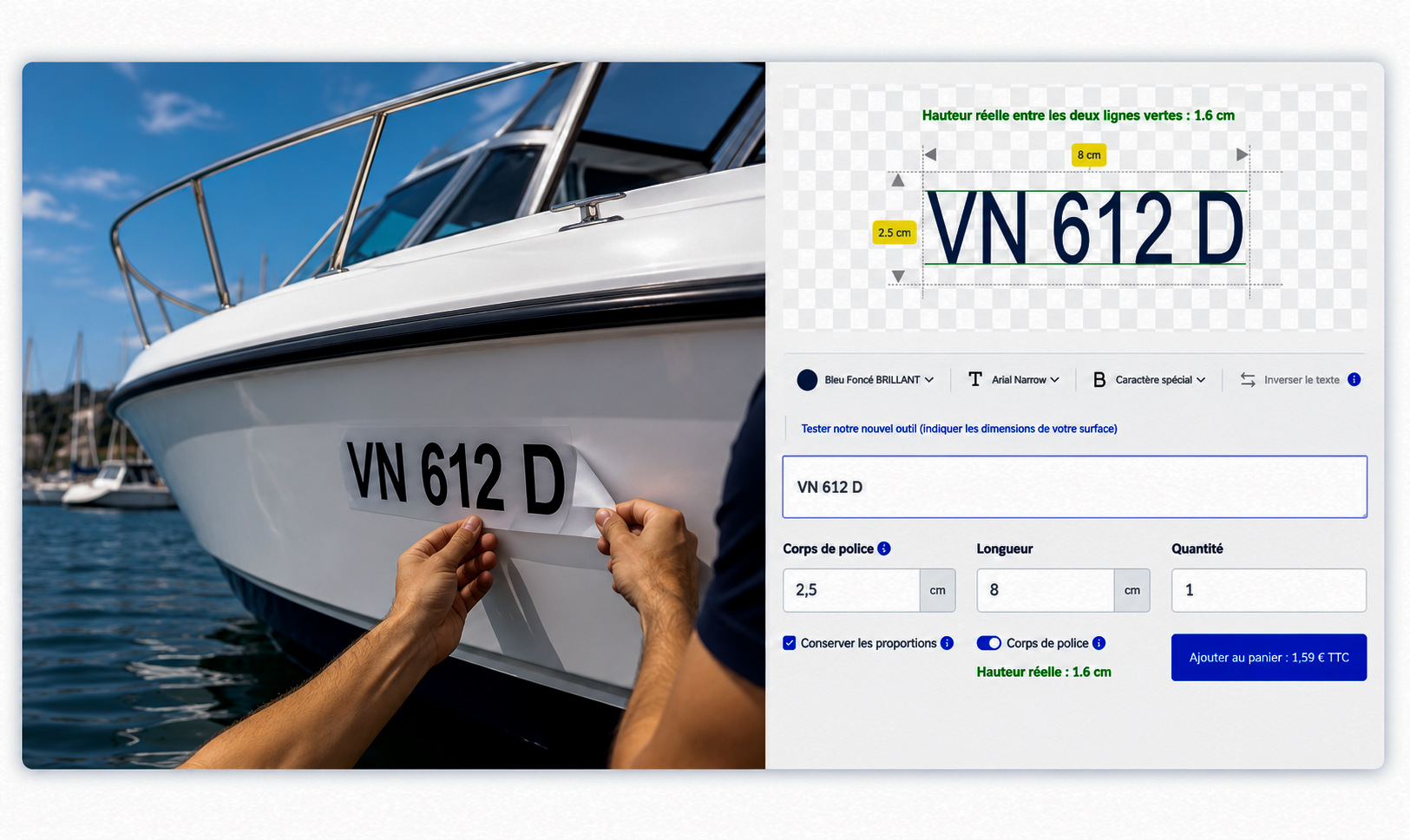 Pose d'une immatriculation bateau avec configurateur de lettrage personnalisé.